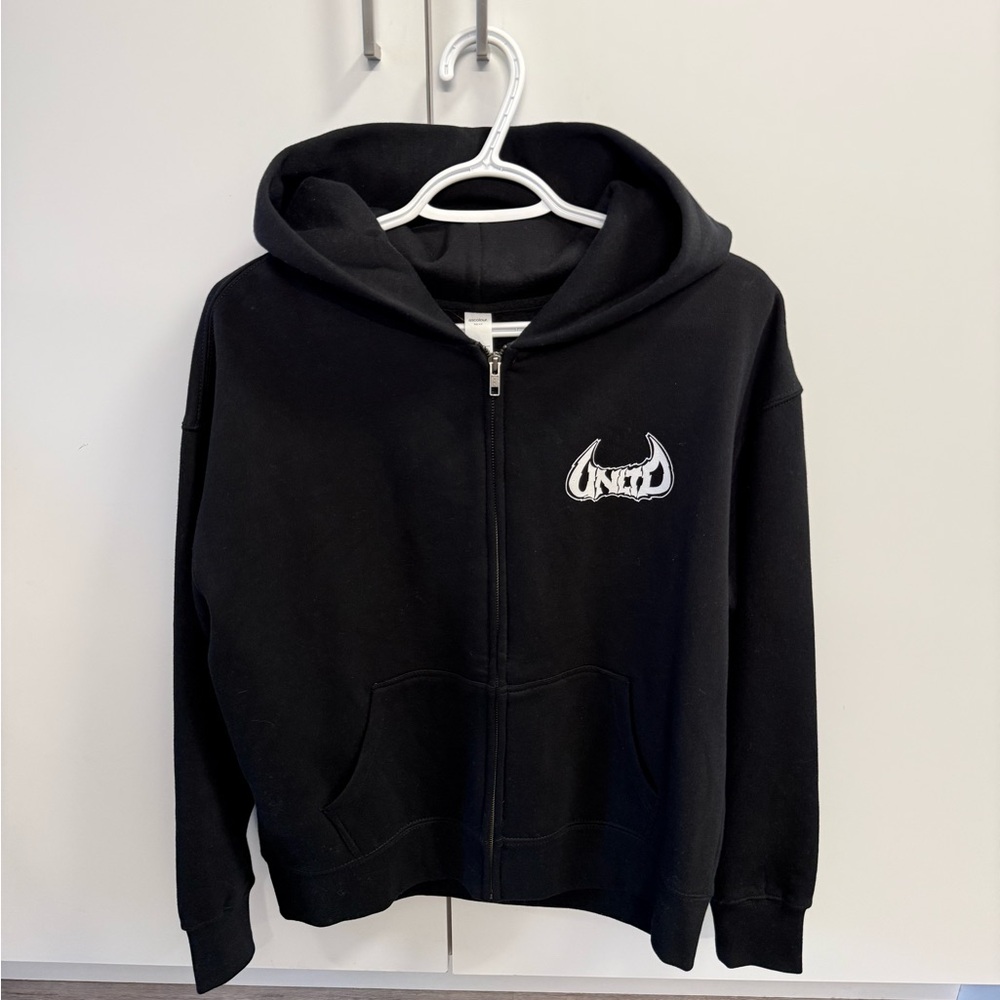Black Zip-Up Hoodie Sweater with Small White Chest Logo